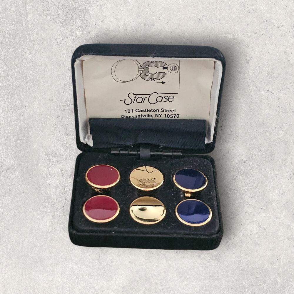 Vintage 3 Pairs Button Links Star Case in Case Gold Tone
